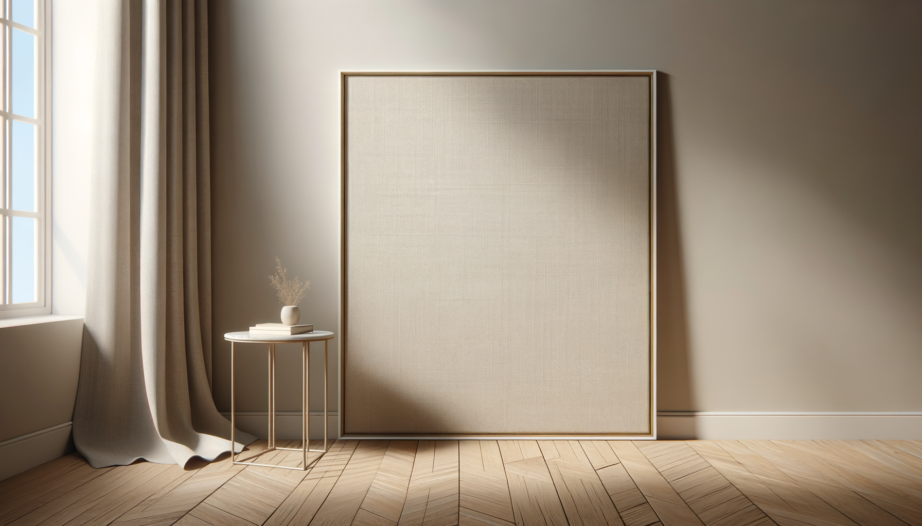 A minimalistic interior room with a large beige fabric-covered board, a small round side table holding a small vase with dried flowers and a couple of books, natural sunlight coming through a window with beige curtains, and wooden parquet flooring.
