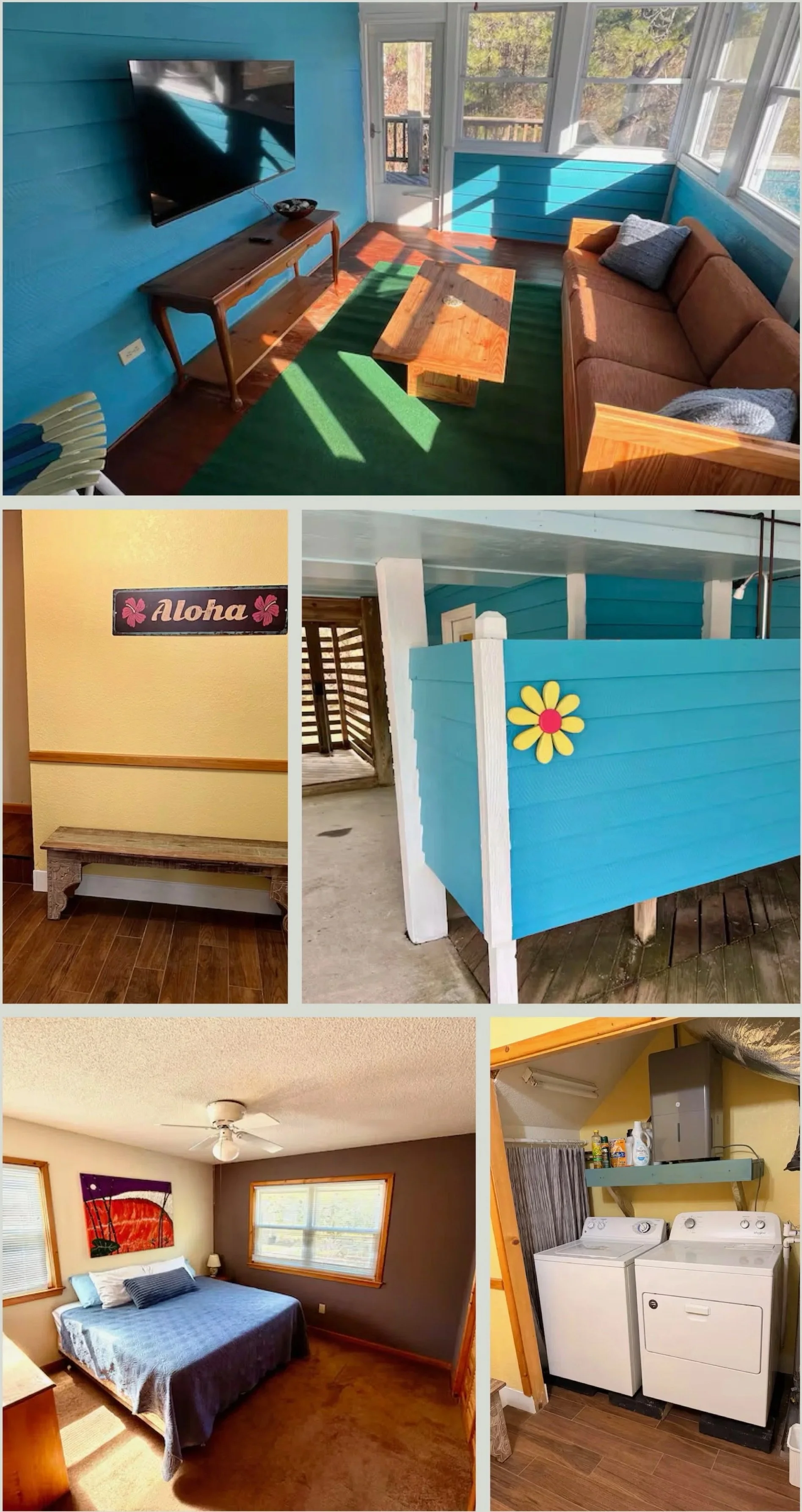 A collage of interior shots of a house, including a bright blue sunroom with a TV and sofa, a yellow hallway with a bench, a blue porch with decorative flower, a bedroom with a bed and windows, and a laundry area with a washer and dryer.
