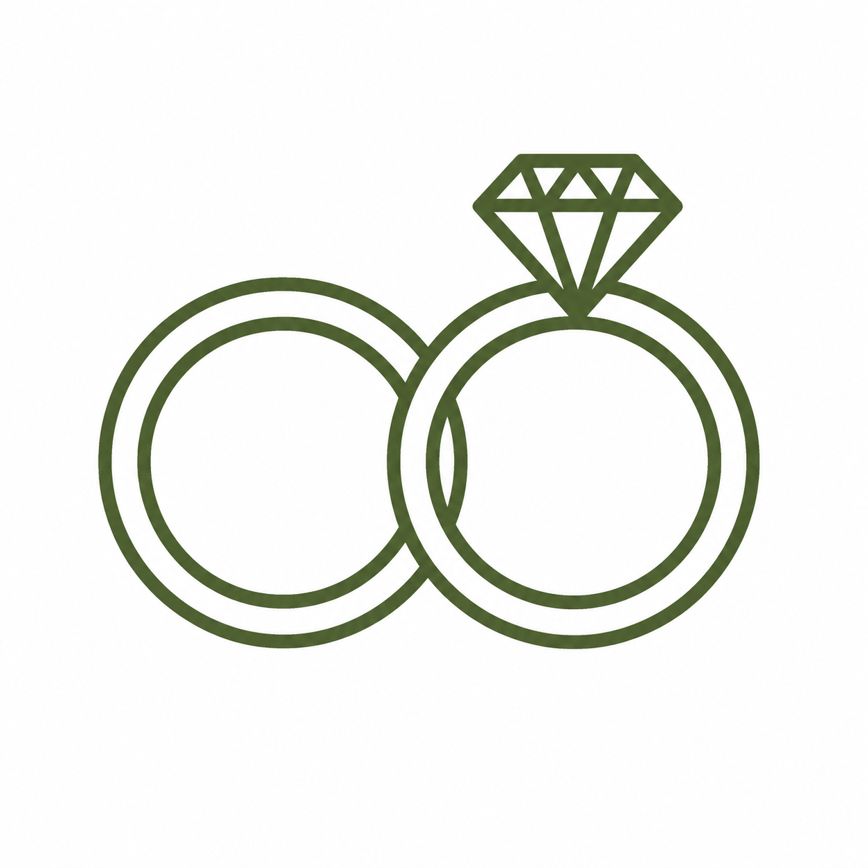 Outline of two rings, one with a diamond on top, drawing representing wedding or engagement rings.