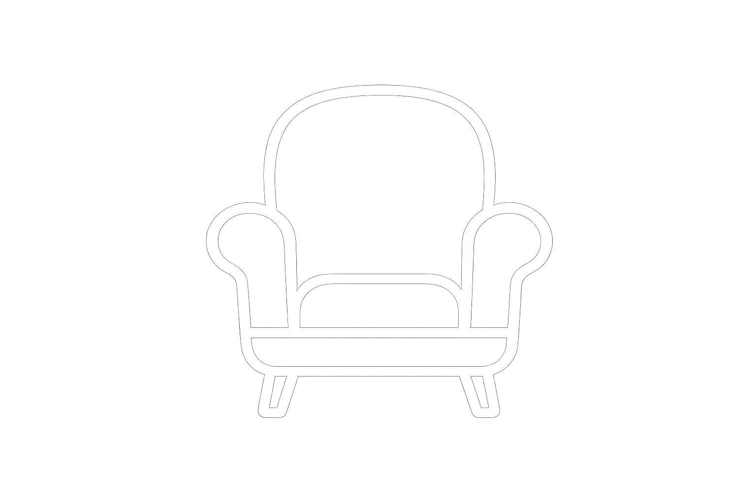 Line drawing of an armchair with rounded back and arms, angled legs, on a black background.