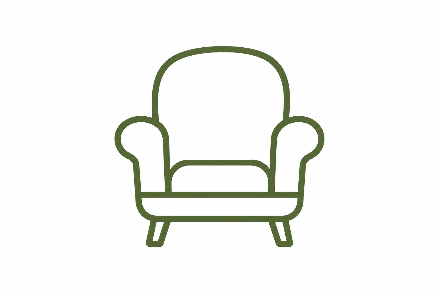 Line drawing of a single armchair with a rounded back and four wedge-shaped legs.