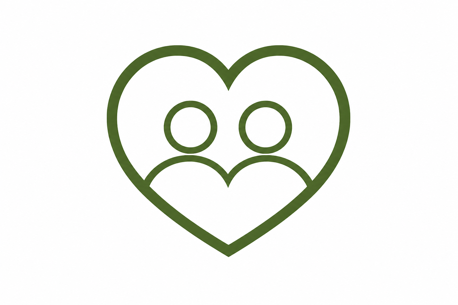 A green outline of a heart with two stylized human figures inside, representing love or friendship.