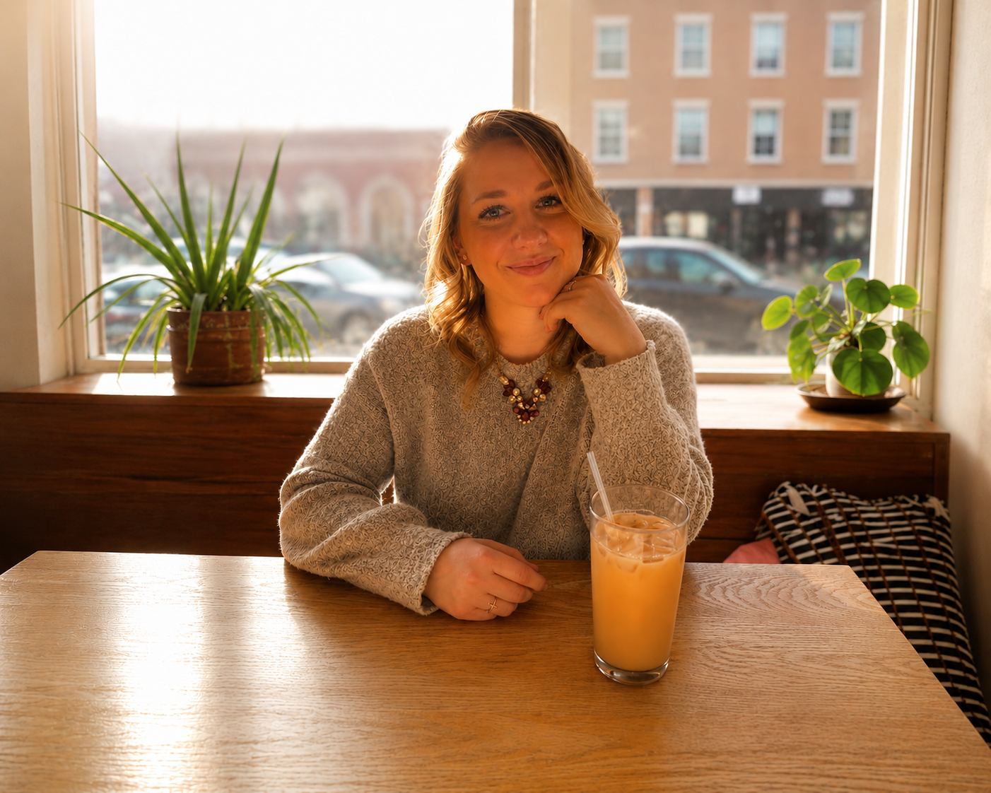 A woman sitting at a wooden table in a cafe, with a drink in a tall glass, plants on the window sill, and a city street visible outside.
