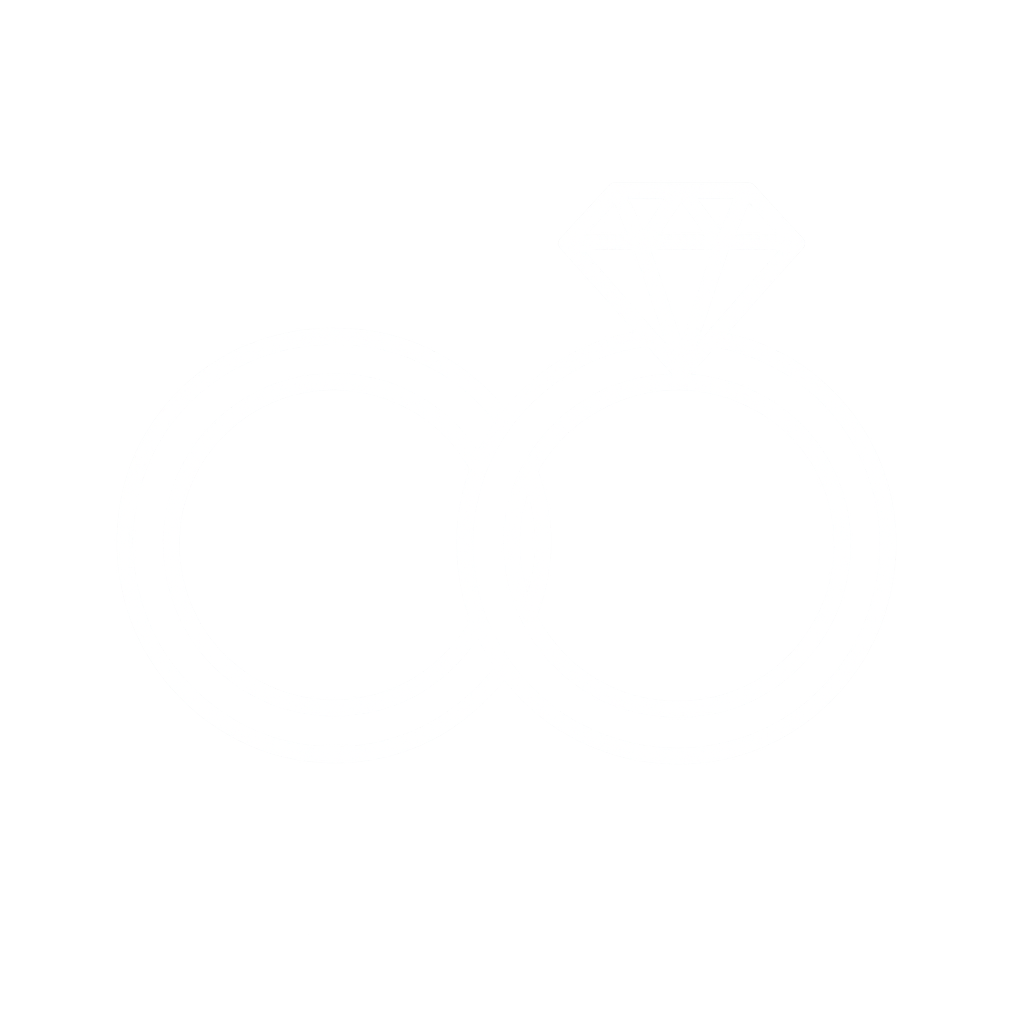 Black background with white outline of two rings, one with a diamond on top, symbolizing engagement and wedding rings together.