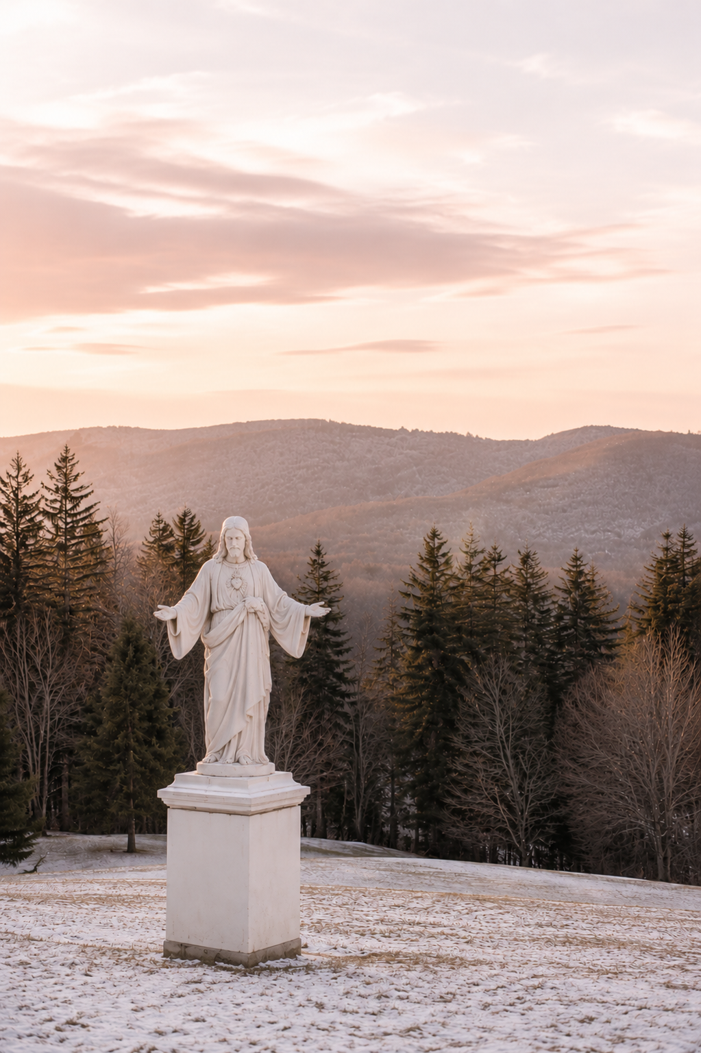 A white statue of Jesus Christ with open arms is placed outdoors on a snowy ground, with pine trees and rolling hills in the background during a sunset.
