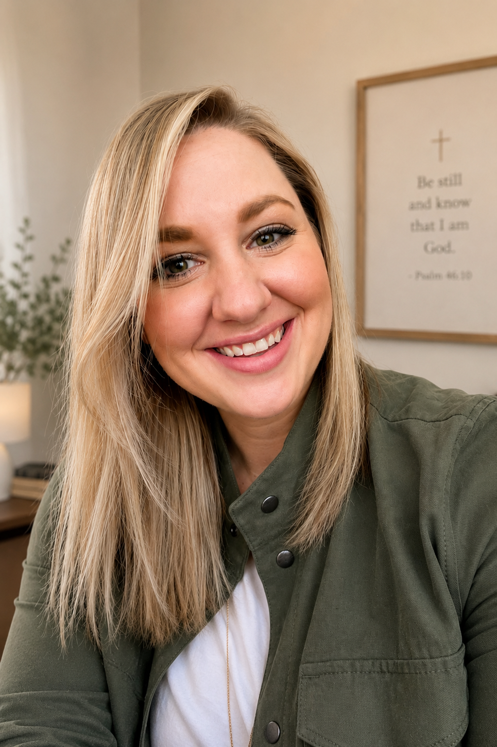 A woman with blonde hair smiling in a room with neutral decor, including a framed quote on the wall and a potted plant in the background.