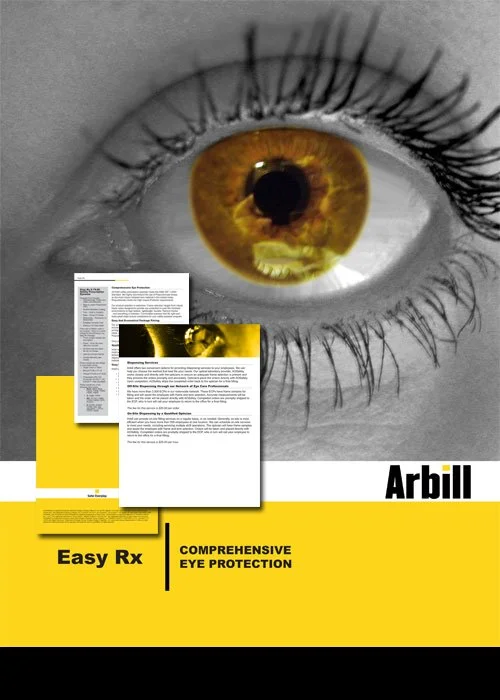 Close-up of a human eye with a brown iris and long eyelashes, alongside packaging and promotional material for Arbill Easy Rx and comprehensive eye protection.