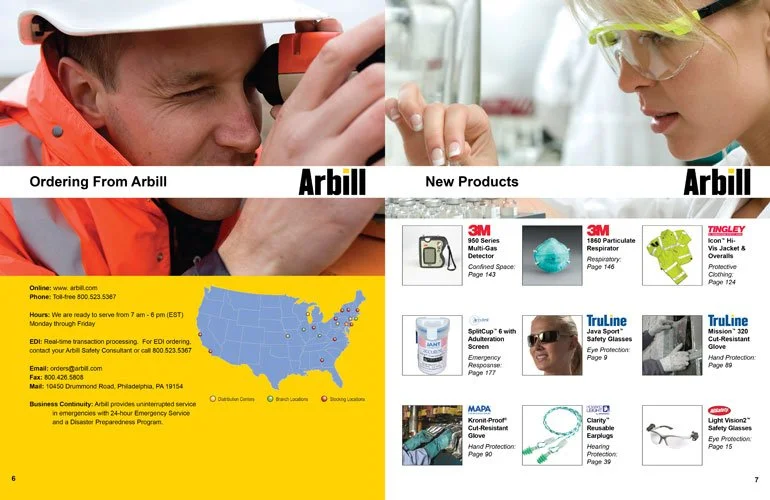 Close-up of two individuals, a man wearing an orange uniform inspecting an object with a magnifying lens and a woman with safety goggles looking at a test tube. An advertisement for Arbill products is visible, including names, images, and descriptions of various safety and emergency response products such as a gas detector, respirator, emergency disposable kit, and protective eyewear, along with contact information and hours of operation.