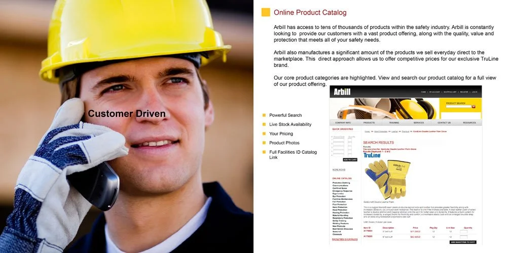 A man wearing a yellow safety helmet and gloves is talking on a mobile phone, holding it to his ear with his right hand. The text 'Customer Driven' is overlaid on the image.