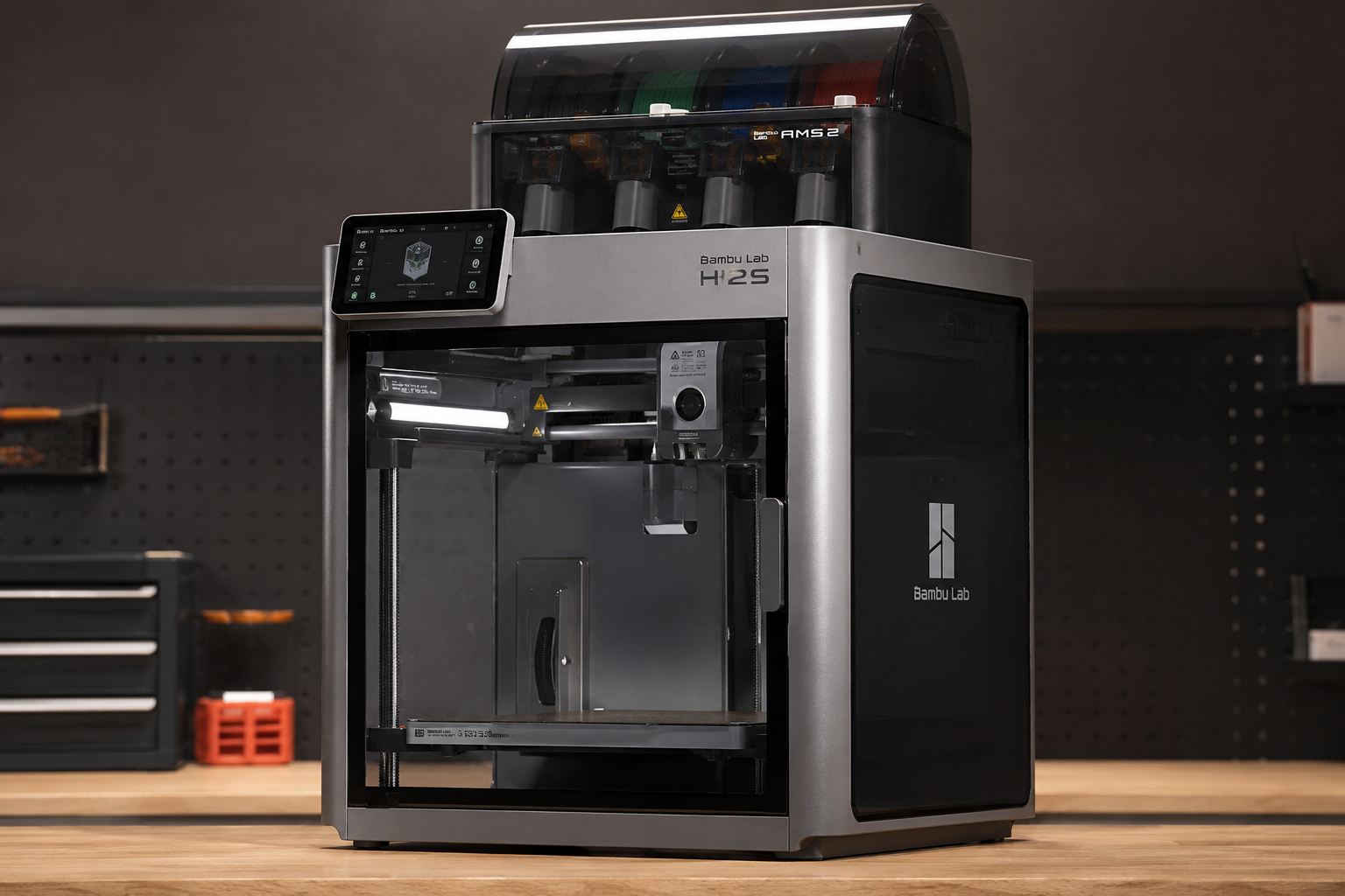 A Bambú Lab H42 3D printer on a workbench in a workshop, with a control screen on the top left showing a digital display of a cube object.