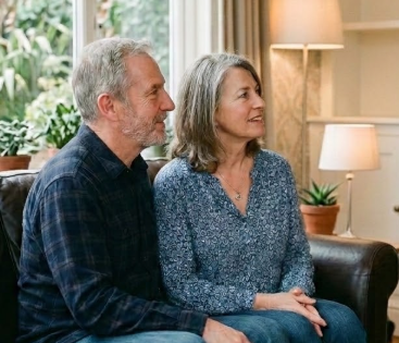 A senior couple sitting together in a living room, looking at something off-camera, with a window and lamps in the background.