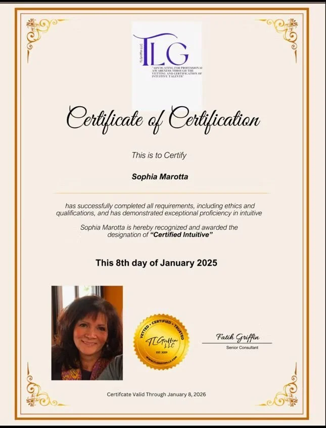 Certificate of Certification awarded to Sophia Marotta, signed by Faith Griffin, with a gold seal and a photo of Sophia in the bottom left corner.