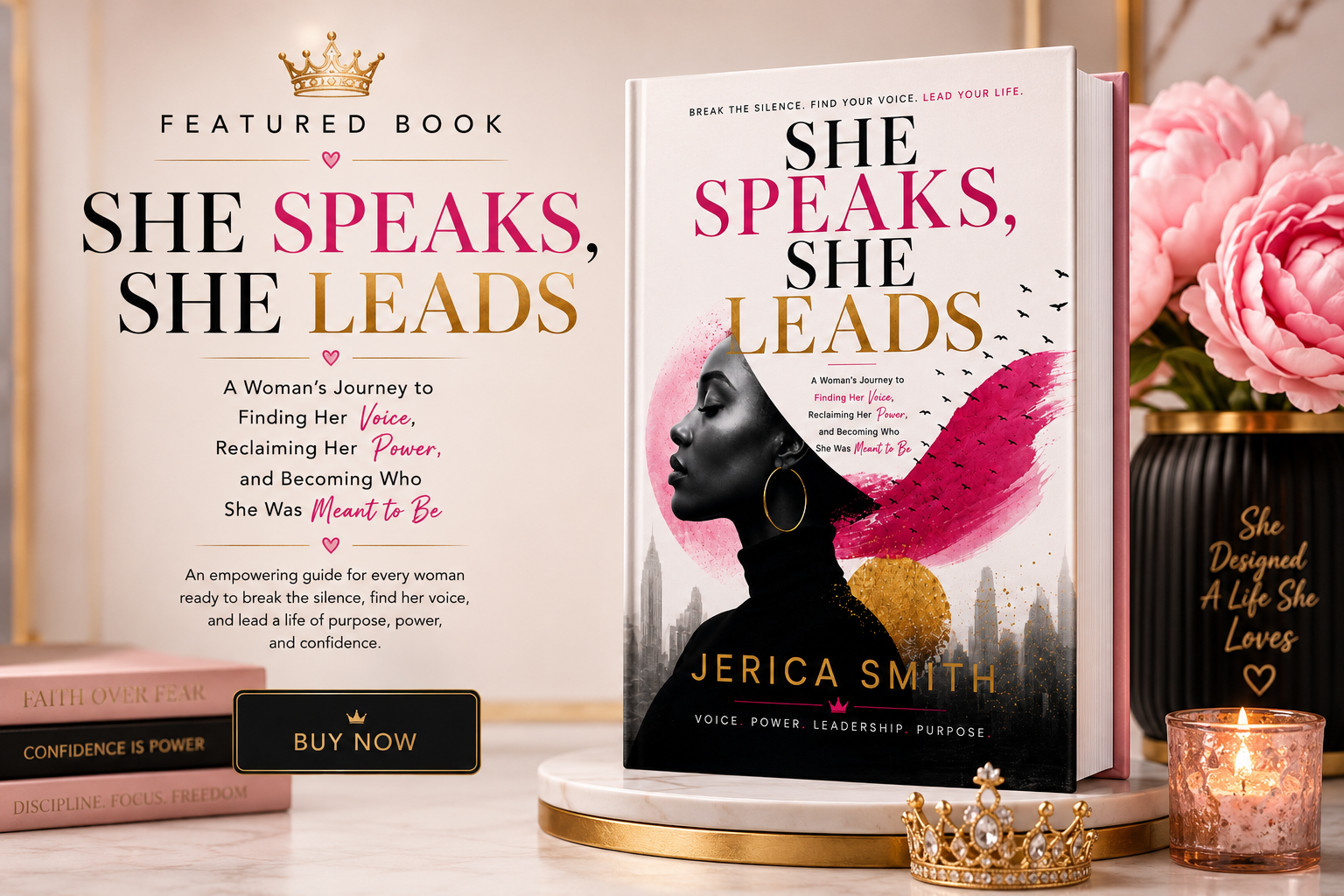 A promotional display for the book 'She Speaks, She Leads' by Jerica Smith. The cover features a black silhouette of a woman with an urban skyline in the background, and pink, gold, and black text. The display includes a white background with pink flowers, a small lit candle, a black and gold crown, and stacked books on a marble surface.