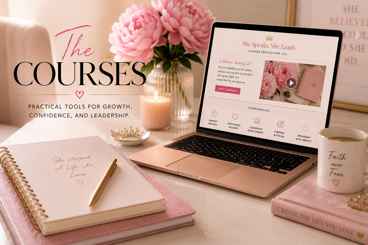 A workspace with a laptop displaying an online course titled "She Speaks She Leads" with a pink theme. There are pink peonies in a vase, a lit candle, a pink notebook with a gold crown emblem, a cup with the words "Faith over Fear," a pink notebook with the words "Create the Life You Love," a gold pen, and a gold crown ring.