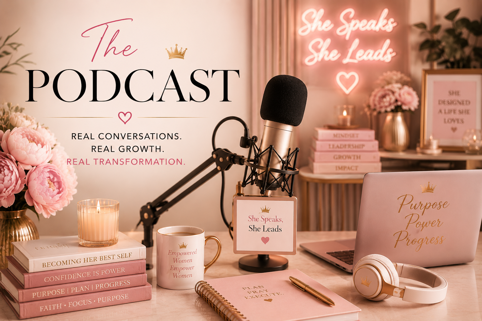 A podcast setup with a microphone, headphones, and motivational decor featuring pink flowers, candles, and pastel-colored books on a desk.