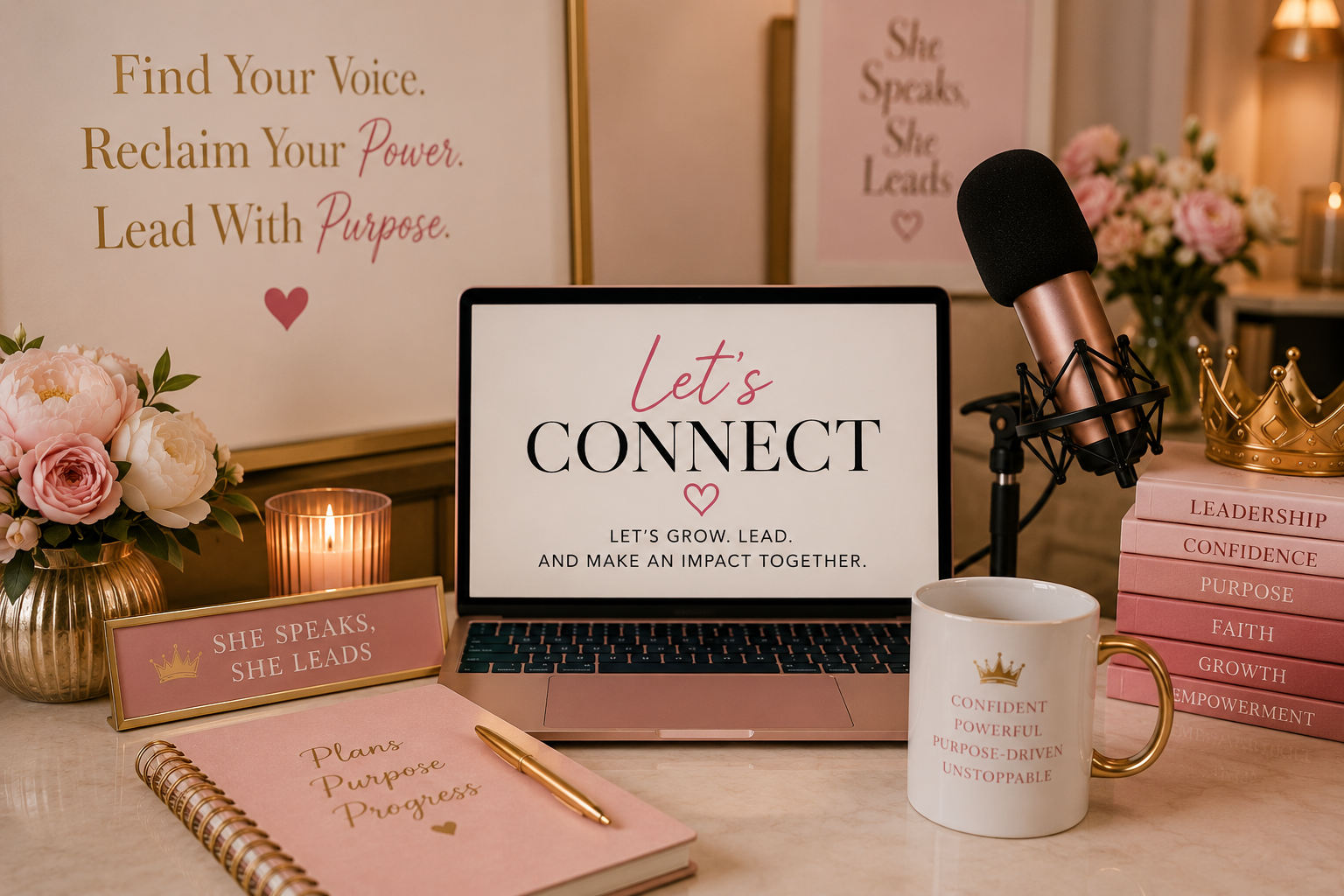 Decorative workspace with a laptop displaying 'Let's connect' surrounded by pink flowers, candles, books, a mug with motivational words, a microphone, and motivational posters about leadership, confidence, and purpose.