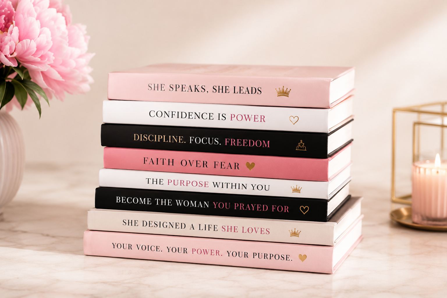 Stack of motivational and inspirational books with pink, white, and black covers, each featuring empowering quotes with small gold crown and heart icons, placed on a light-colored surface next to a pink flower in a vase and a lit pink candle in a gold holder.