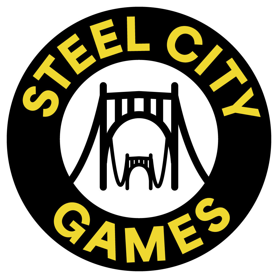 Logo for Steel City Games featuring a stylized bridge within a circle, with yellow text above and below reading "Steel City Games."