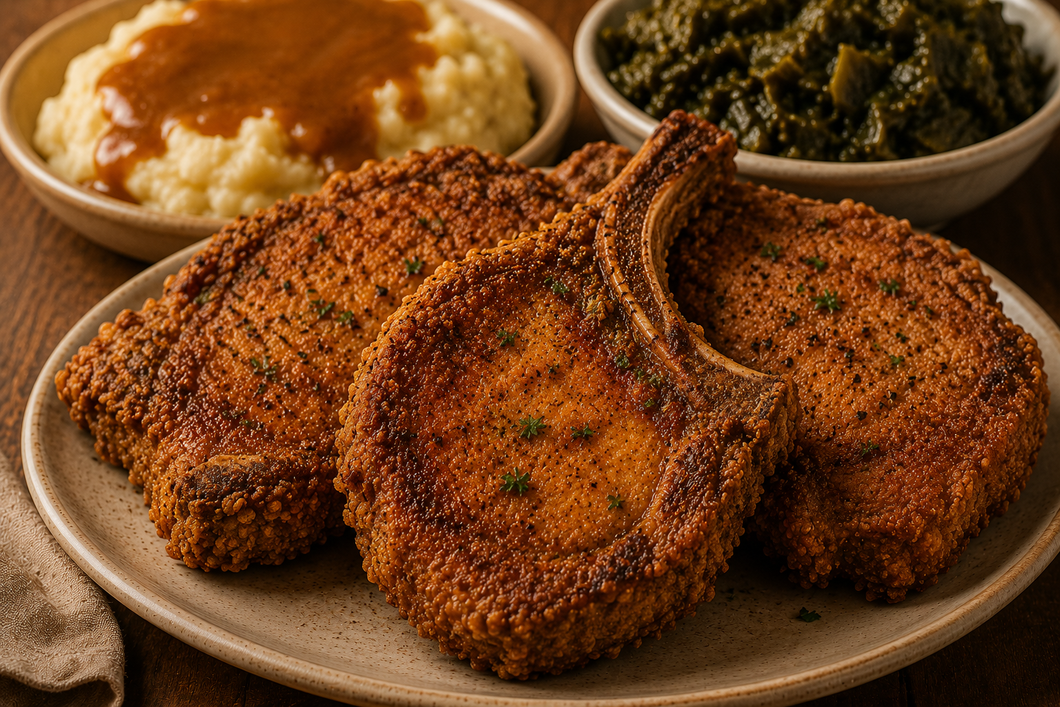 Fried pork chops with mashed potatoes topped with gravy and cooked greens on side dishes.