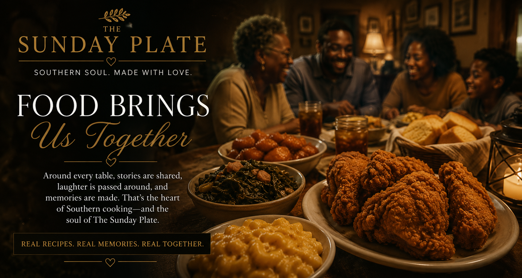 Advertisement with a warm tone featuring a family gathered around a table enjoying a meal, with dishes like fried chicken, macaroni and cheese, green beans, and rolls, promoting Southern cooking and Sunday family gatherings.