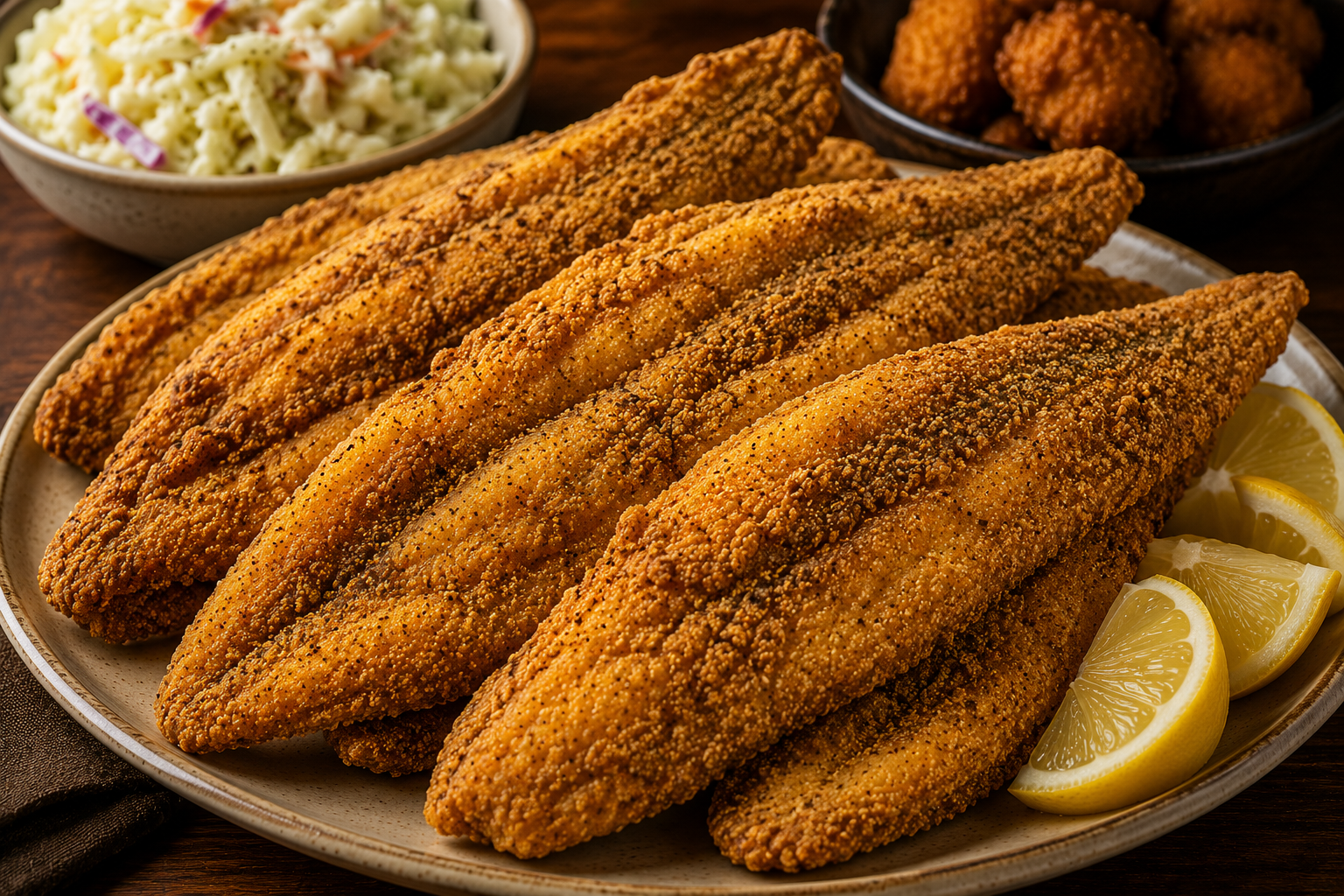Fried fish fillets with lemon wedges, accompanied by coleslaw and fried pickles in the background.