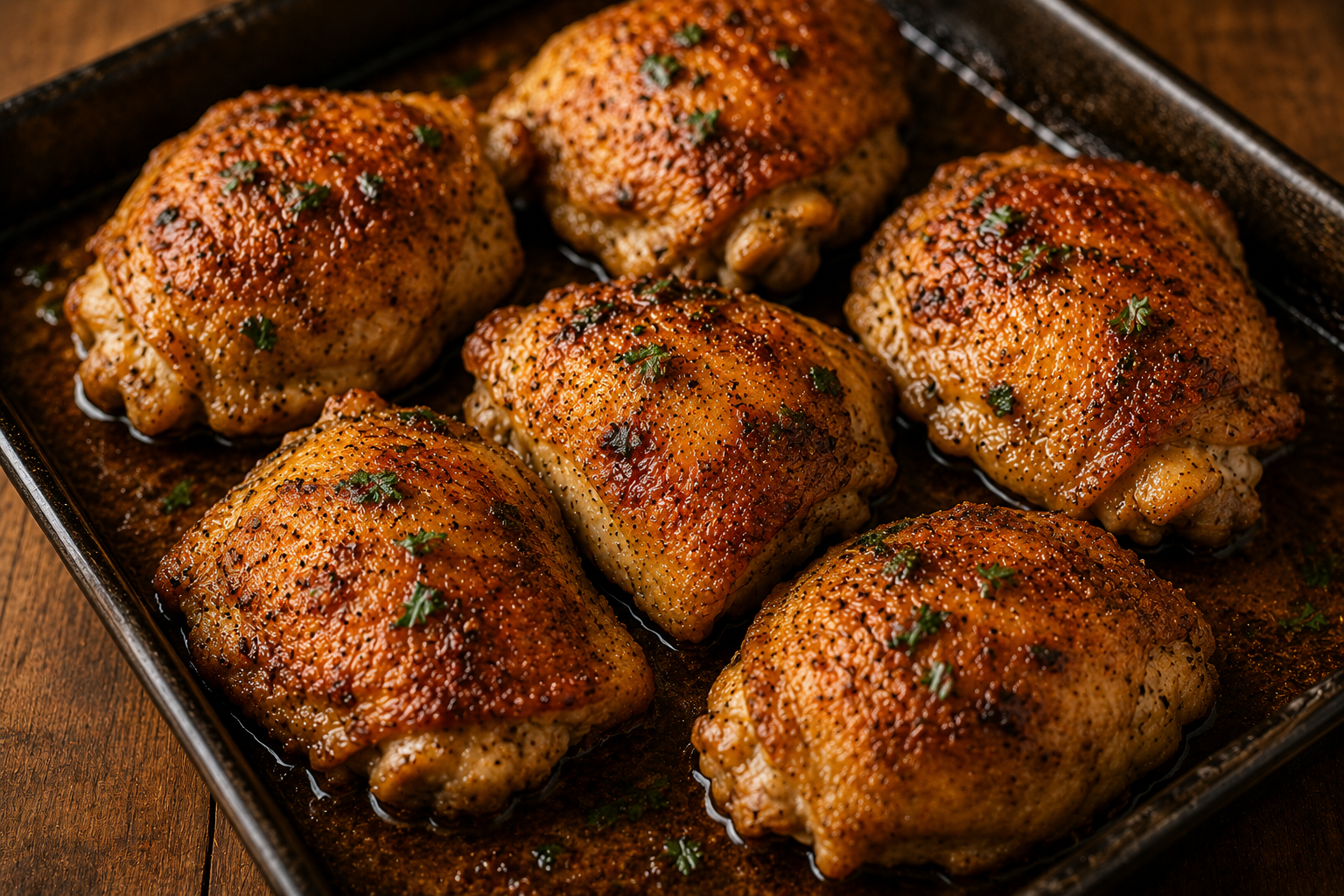 Six seasoned roasted chicken thighs with crispy skin garnished with herbs on a baking tray.