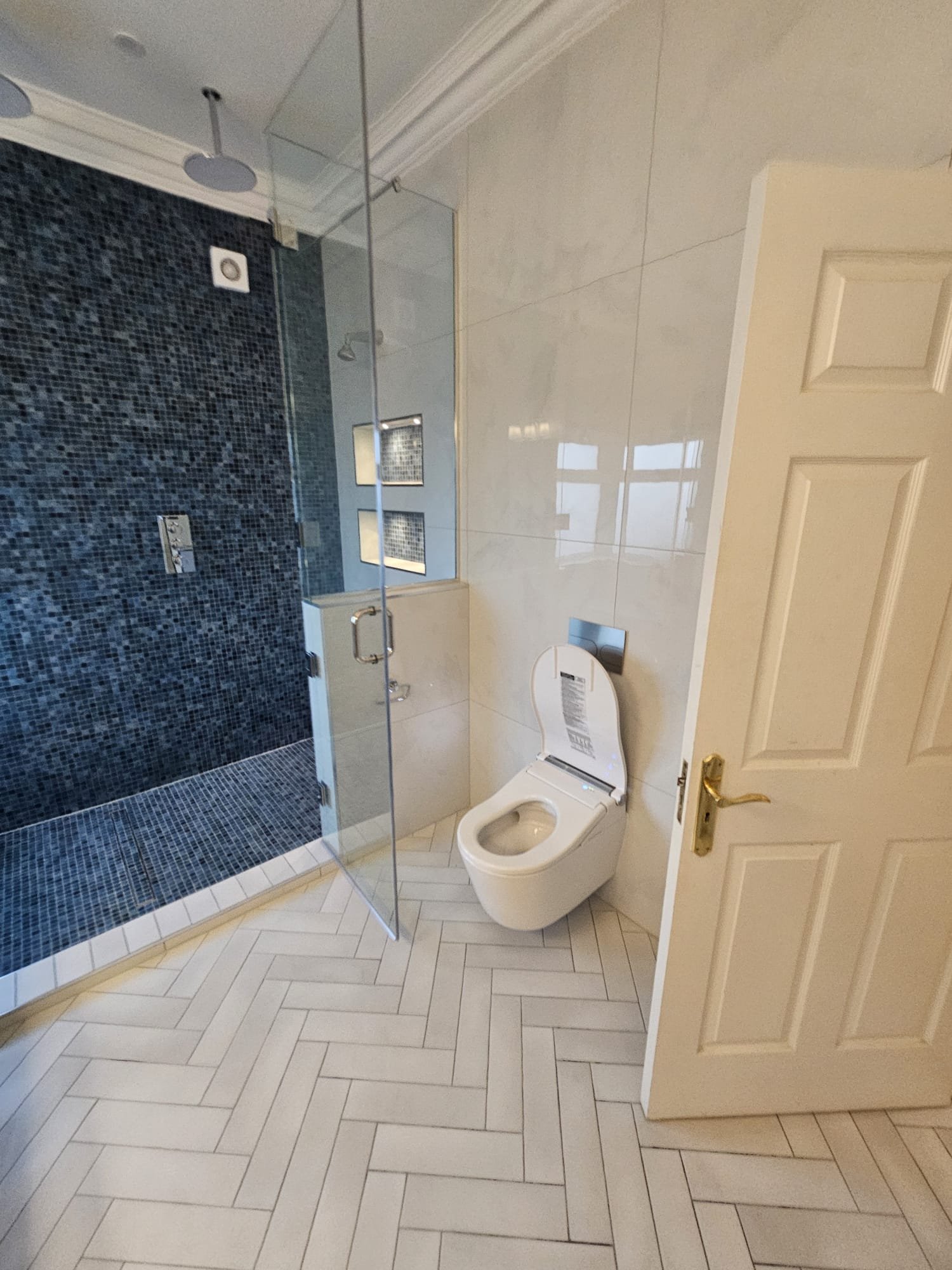 A modern bathroom featuring a walk-in shower with dark mosaic tiles, a glass partition, and a toilet. The bathroom has light-colored herringbone tiles on the floor, beige walls, and a white door with a gold handle.