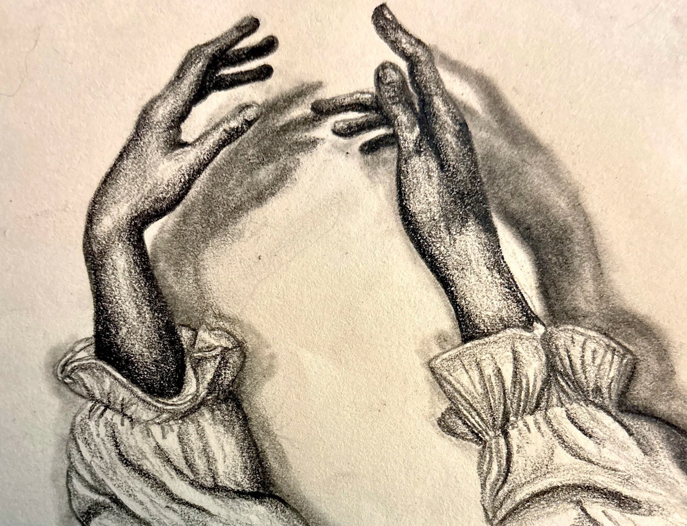 Edge of Connection. 
This drawing explores the space between reaching and receiving. The moment before contact, connection, or understanding. The hands hover just apart, suggesting that some of life’s most meaningful experiences exist in the tension 
