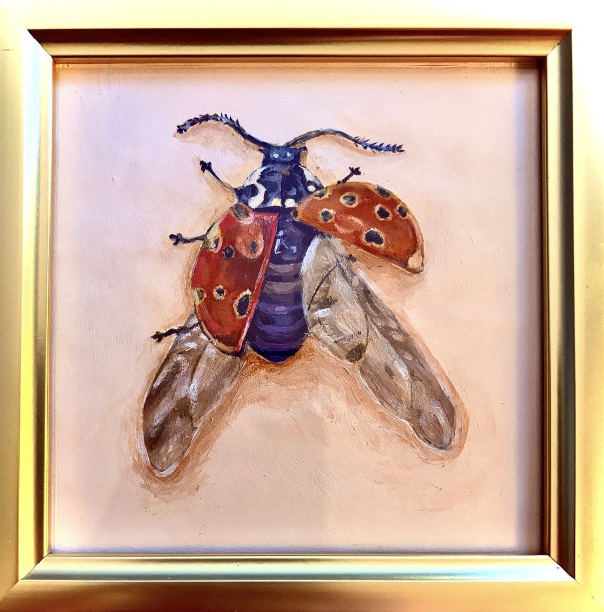 Katie bug.
Ladybugs were a recurring symbol throughout my childhood, so much so that i often was referred to as “Bug”. Painted with its wings spread and ready for flight, it carries meaningful symbols that follow us through life, carrying memories of