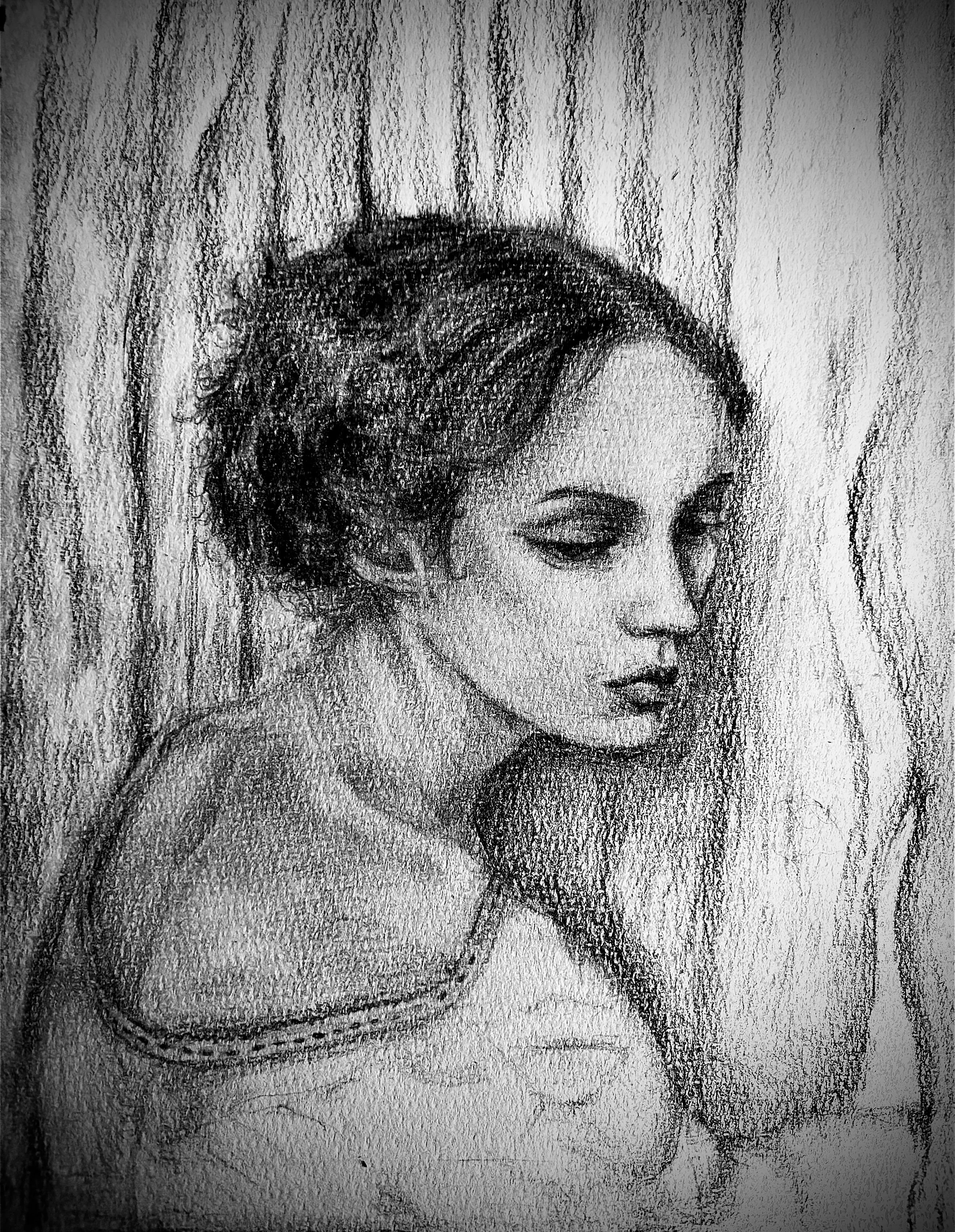 At The Window.
With one hand pulling back the curtain she appears ready to leave, yet her gaze remains turned inward. This piece shows the restlessness of feeling stuck. When the mind wanders far beyond the walls that still hold the body in place. 