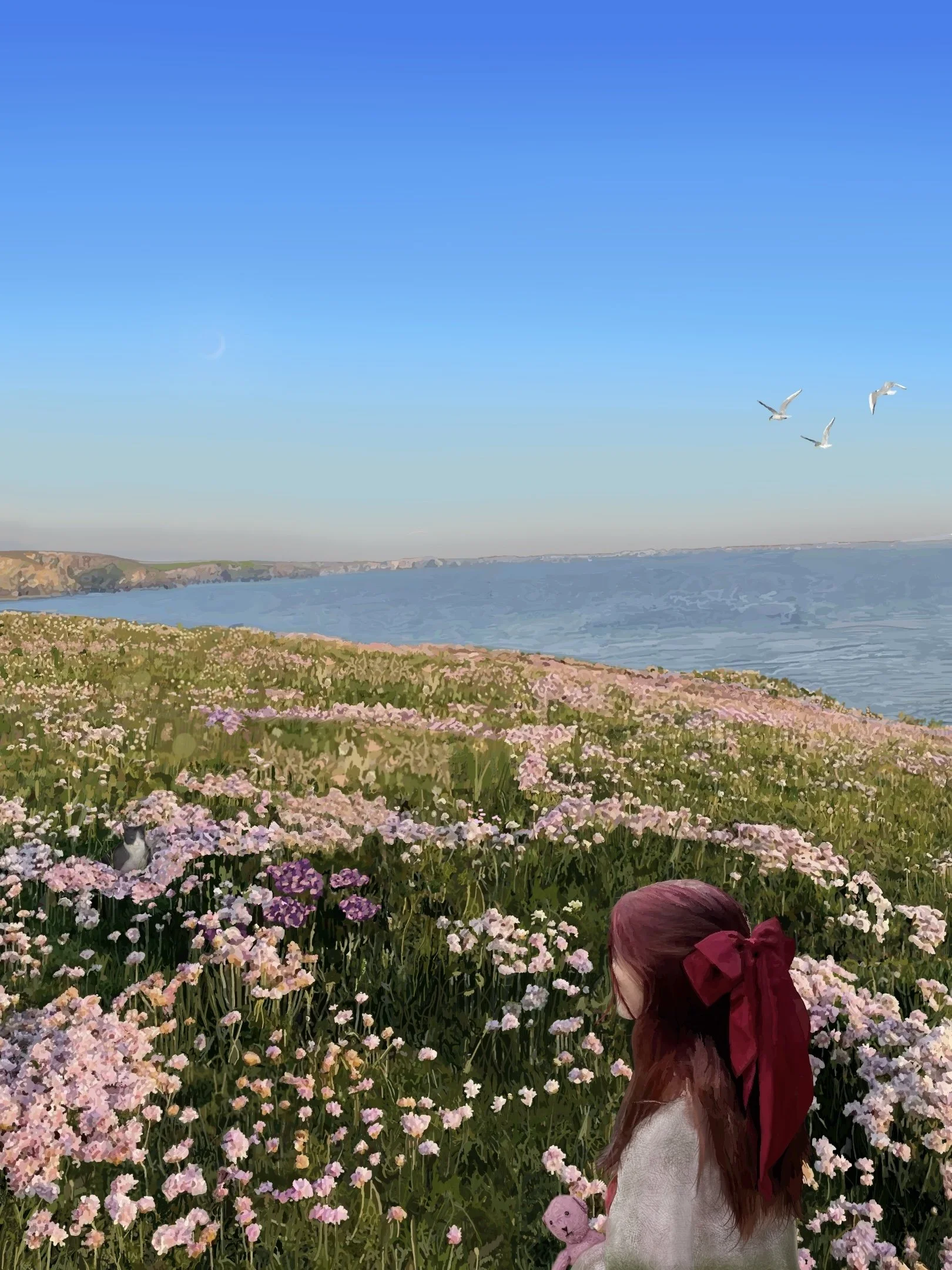 The path of pink flowers 
Created in memory of Leila, this digital drawing took months exploring loss through symbolism rather than a literal narrative. She’s walking away from the viewer carrying her beloved bear, moving through a field of wildflowe