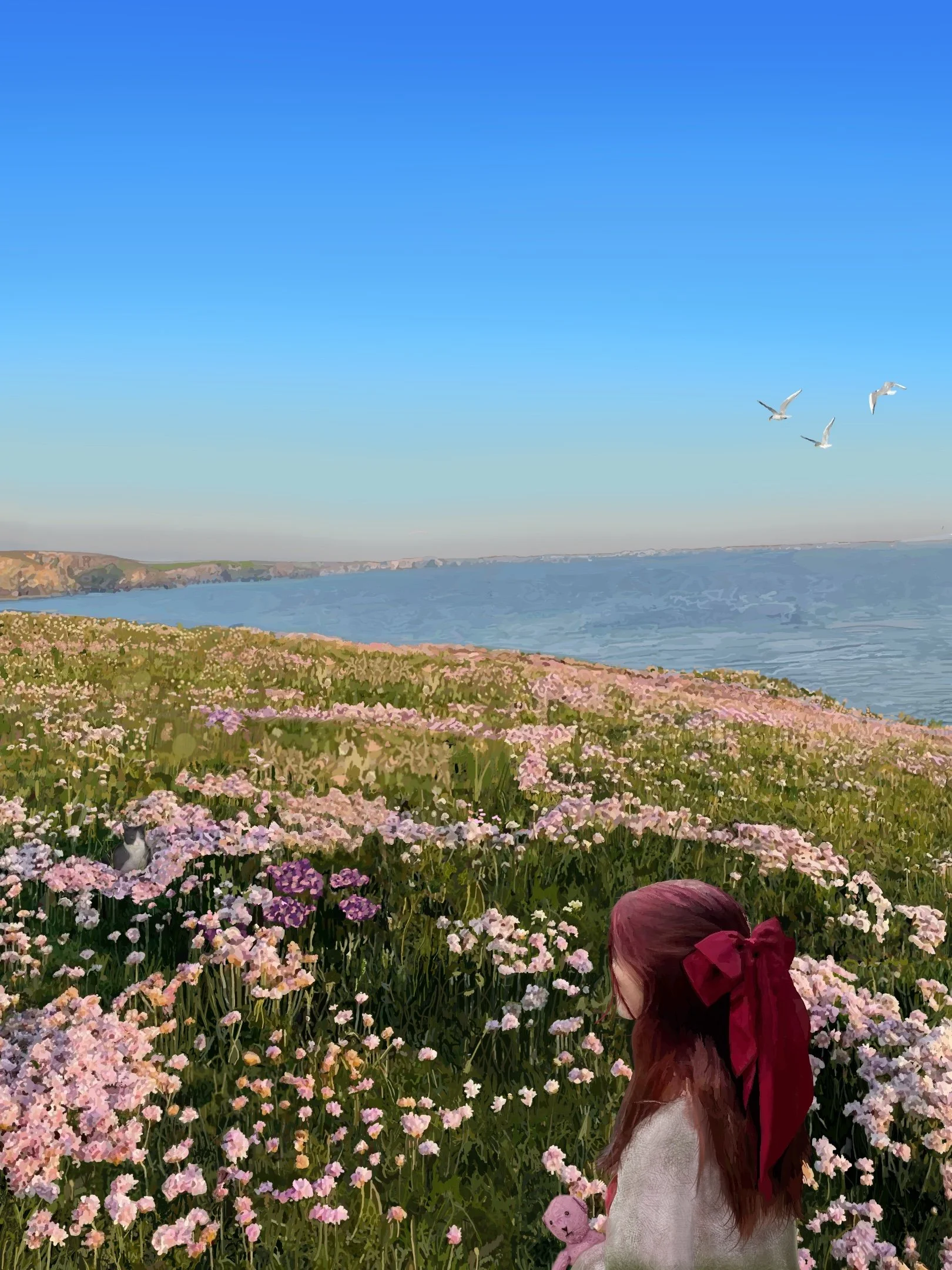 The Road of Flowers.
This is a digital drawing that took several months, created in honor of Leila. I imagined her in a place of peace, comfort, and reunion. Hidden throughout the landscape are details connected to her life, including the teddy bear 