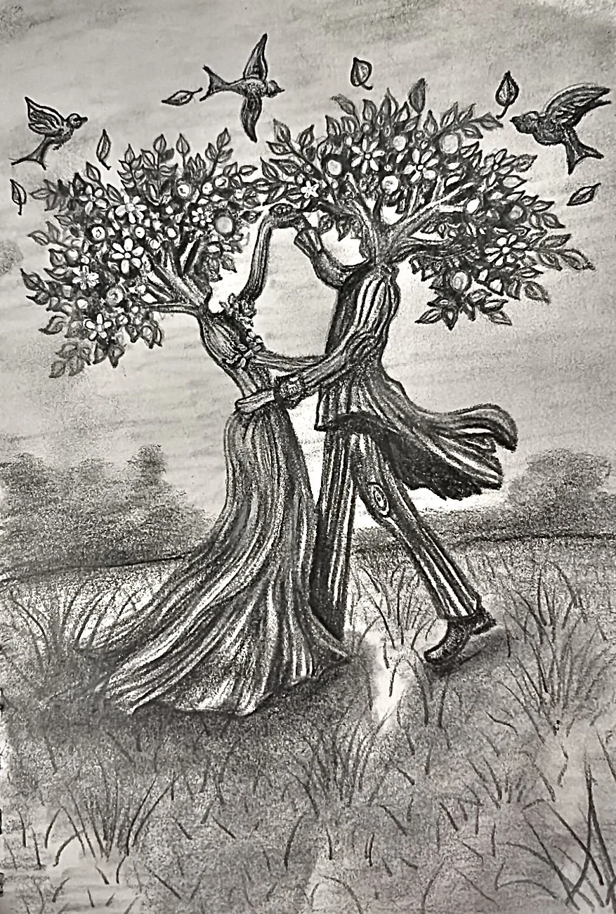 Rootless.
Two trees stepping beyond their roots to dance together, celebrating connection, movement, and the courage to grow alongside another. The blurred landscape and flowing branches suggest that love is not something that holds us still, it is s
