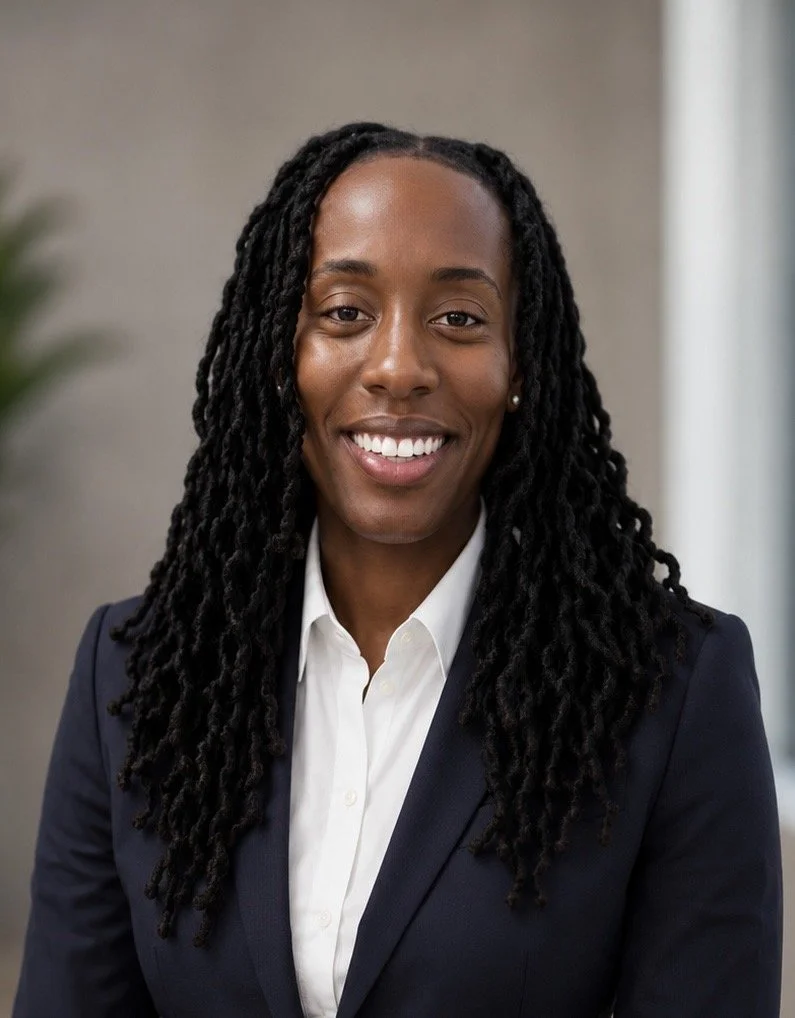 A smiling Black woman in professional attire, navy blazer and white shirt, with long dreadlocks, posed indoors with a blurred neutral background.