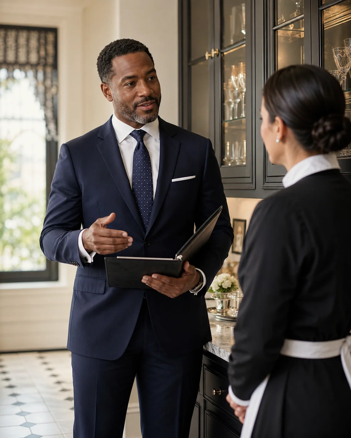 African American estate manager speaking with a household staff member in a luxury home, representing discreet staff leadership and private estate management.