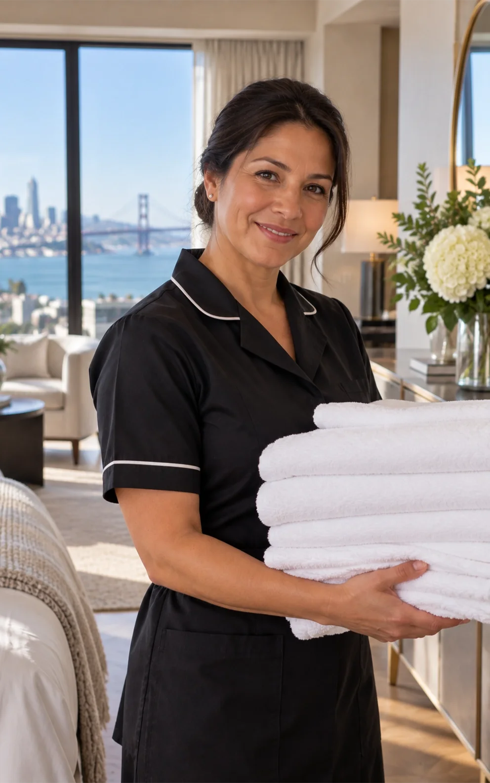 Professional housekeeper carrying fresh towels in a luxury San Francisco home