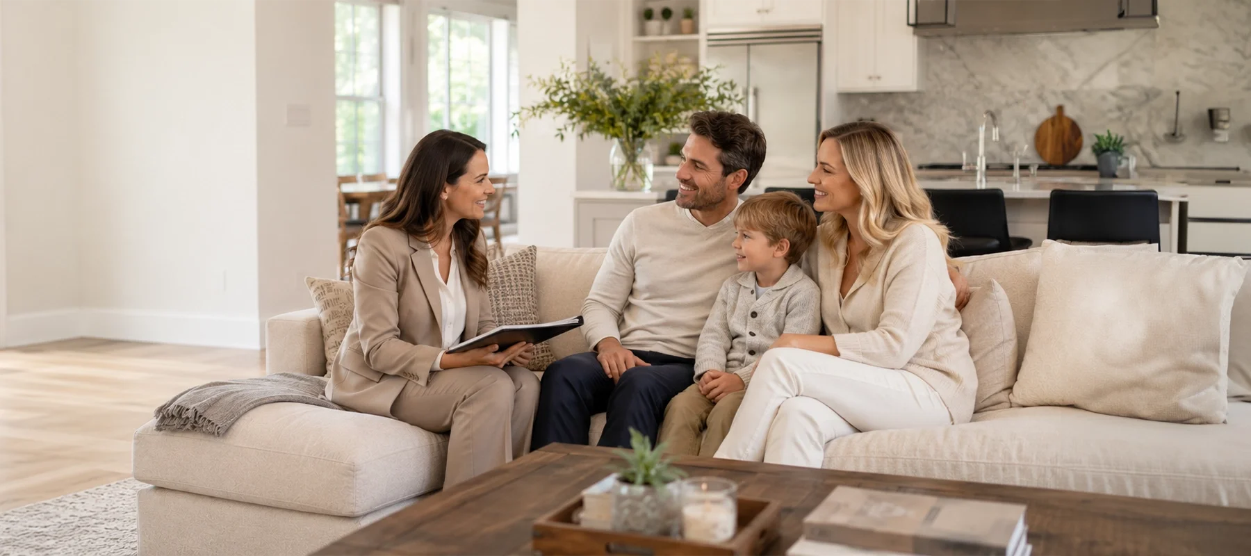 Family meeting with a professional nanny agency consultant in a bright, elegant living room.