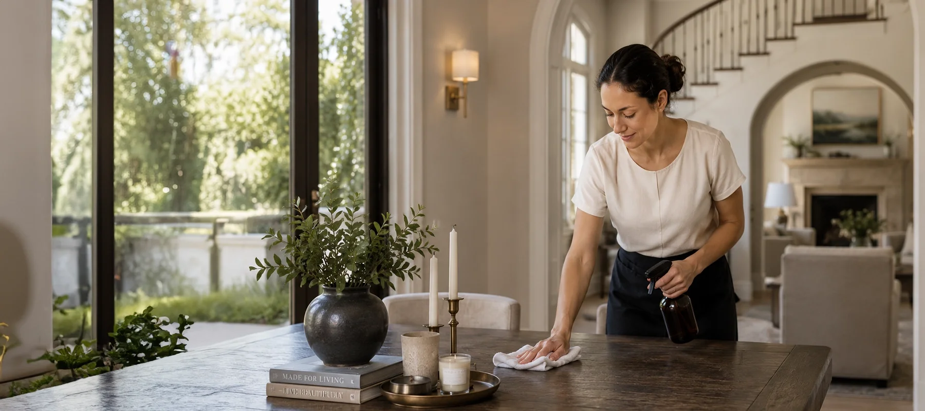 Professional female housekeeper cleaning a wooden dining table in a bright luxury home with elegant décor, arched architecture, and natural daylight.