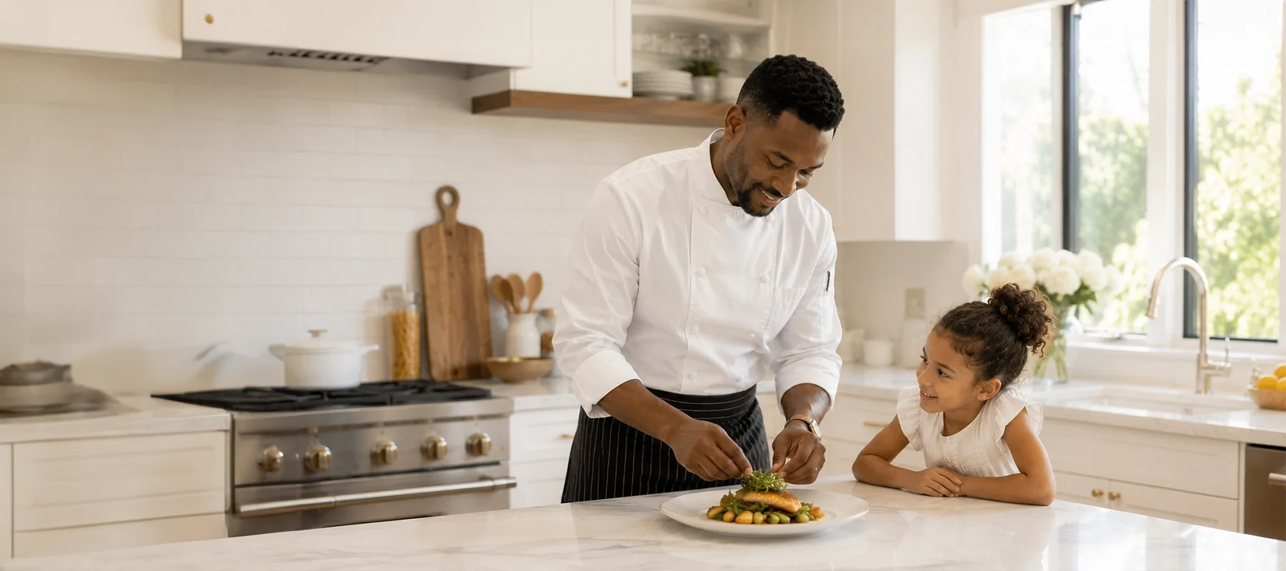 Private chef preparing a gourmet meal in a bright luxury home kitchen with fresh ingredients and modern finishes, showcasing personalized in-home culinary services for high-end households.