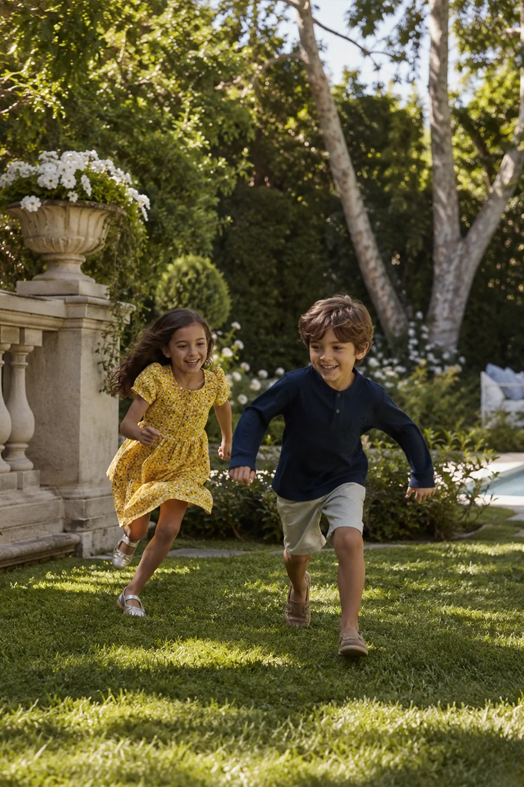 Two children running together on a ranch path with a stable and white fencing in the background.