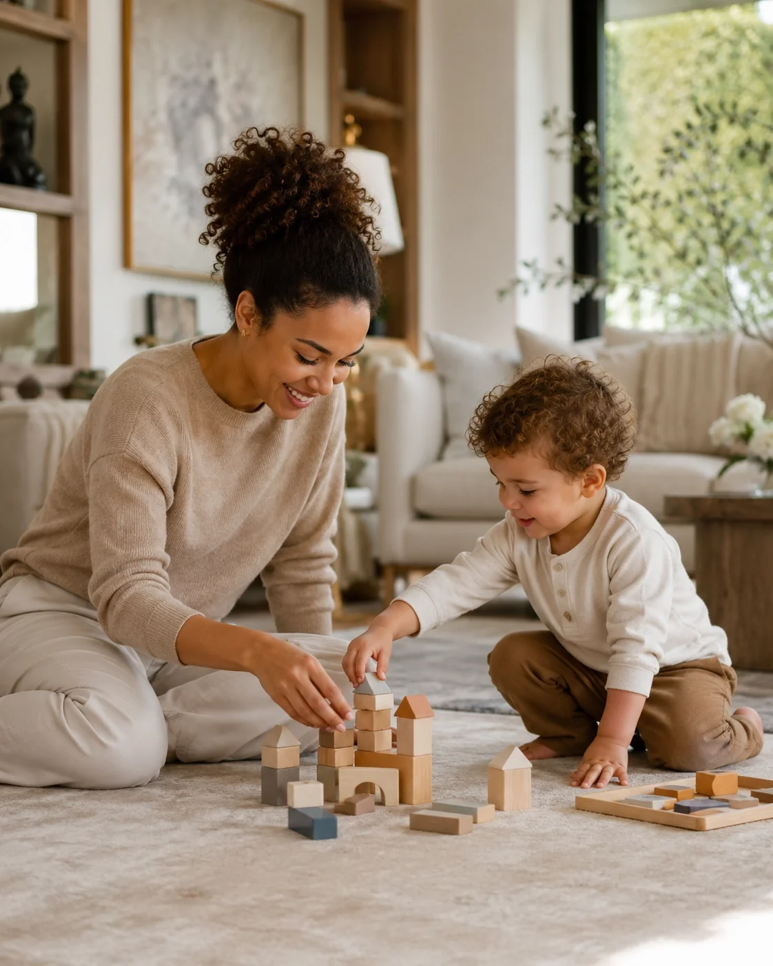 Nanny playing with a young child using wooden blocks in a bright, elegant living room.