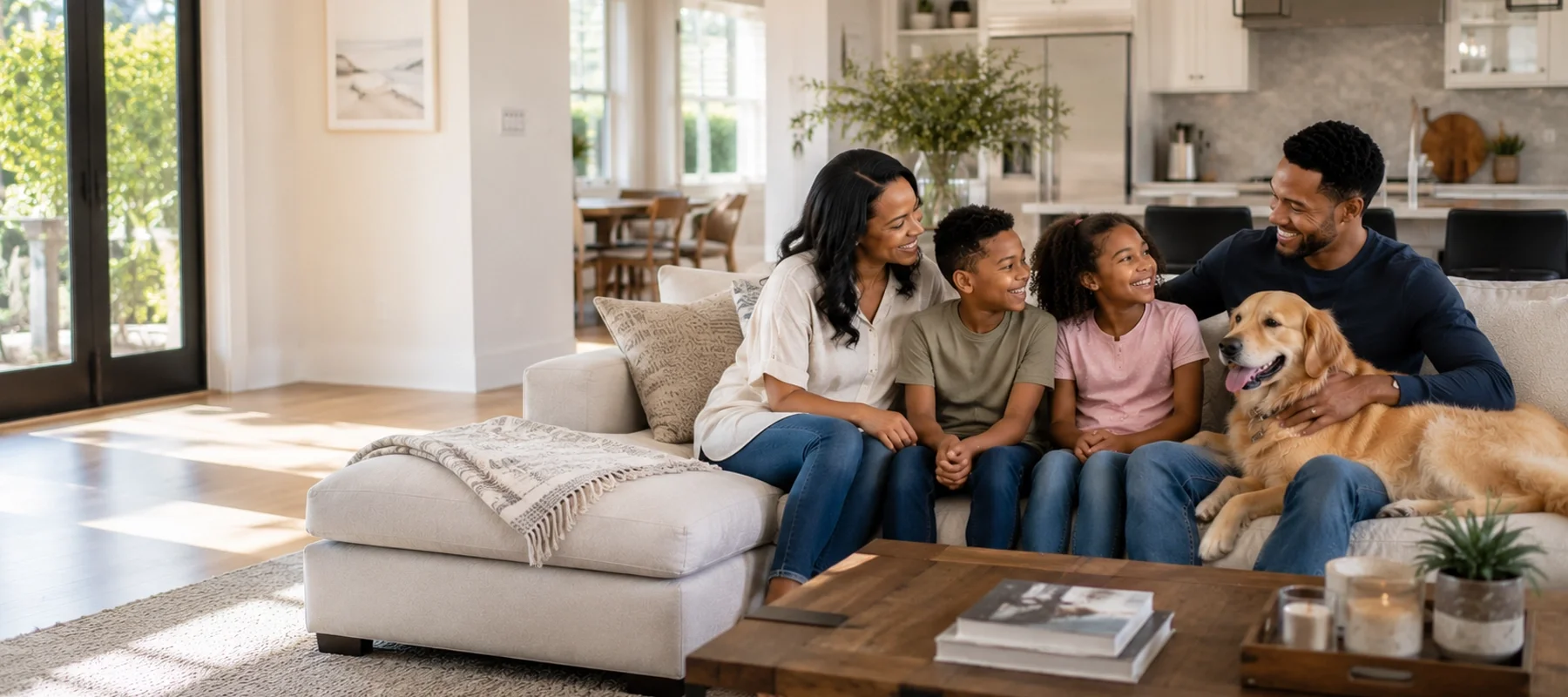 African American family of four relaxing with their golden retriever on a sofa in a bright, modern living room.