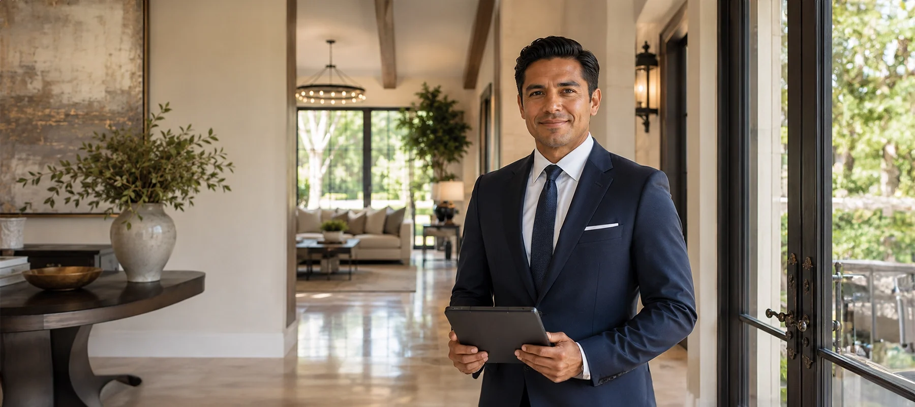 Latino estate manager holding a tablet in a luxury home foyer, representing professional household management and discreet estate oversight.
