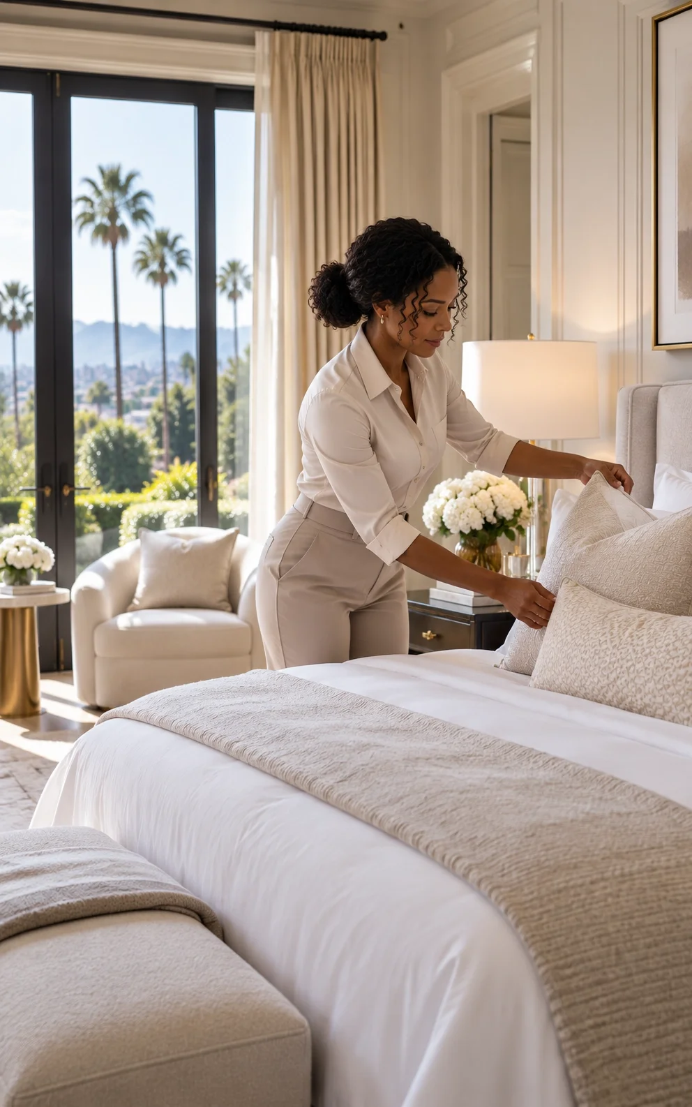 Household staff professional making a luxury bedroom bed in a Beverly Hills home
