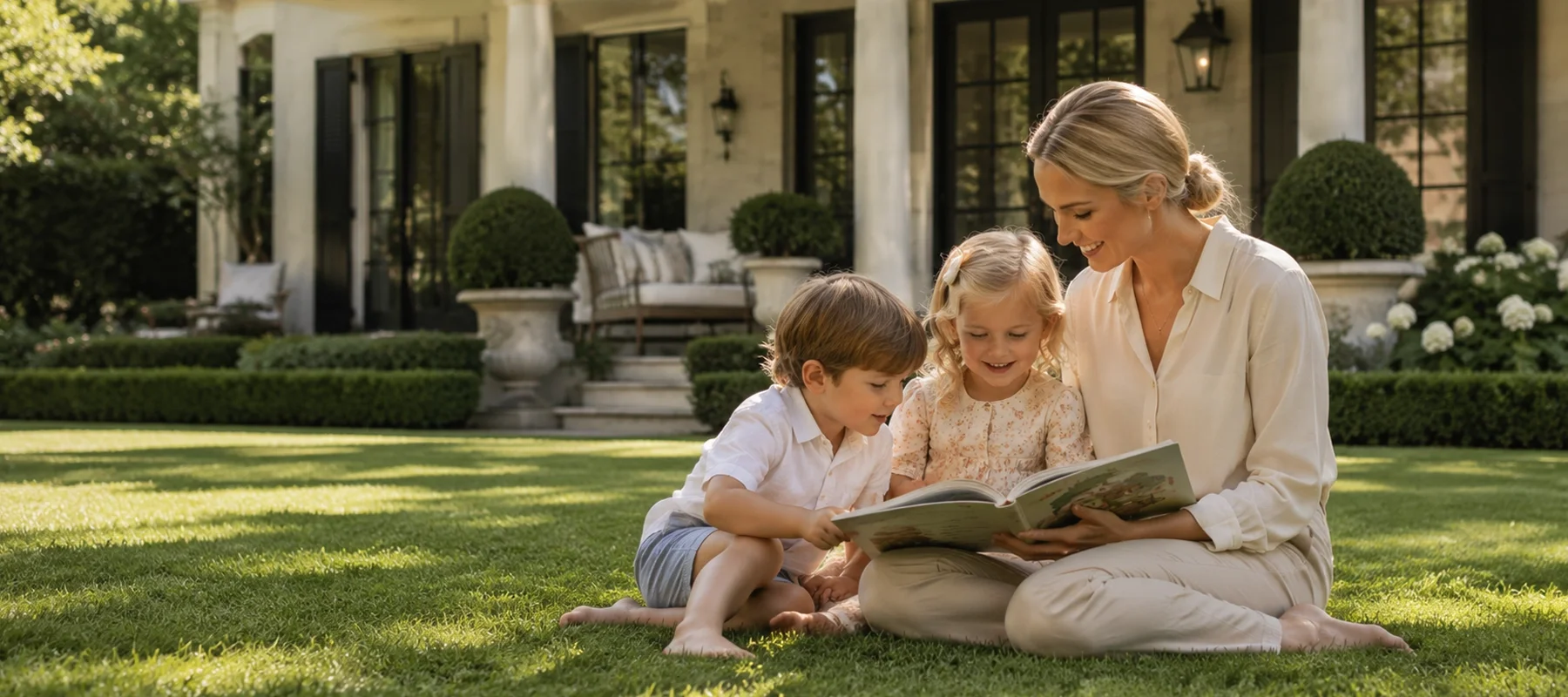 Nanny reading a book with two children on a sunny lawn in front of a luxury family home.