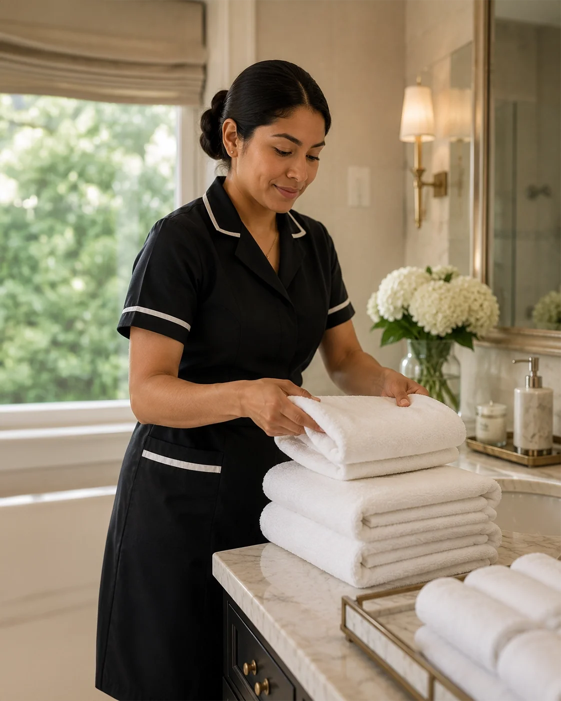 Housekeeper folding towels in a beautiful bathroom