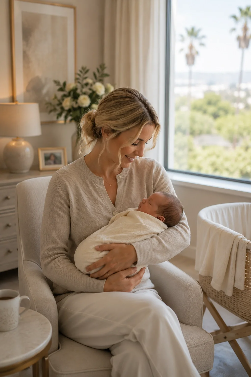 Newborn care specialist gently holding a sleeping baby in a calm, softly lit nursery with a Los Angeles view.
