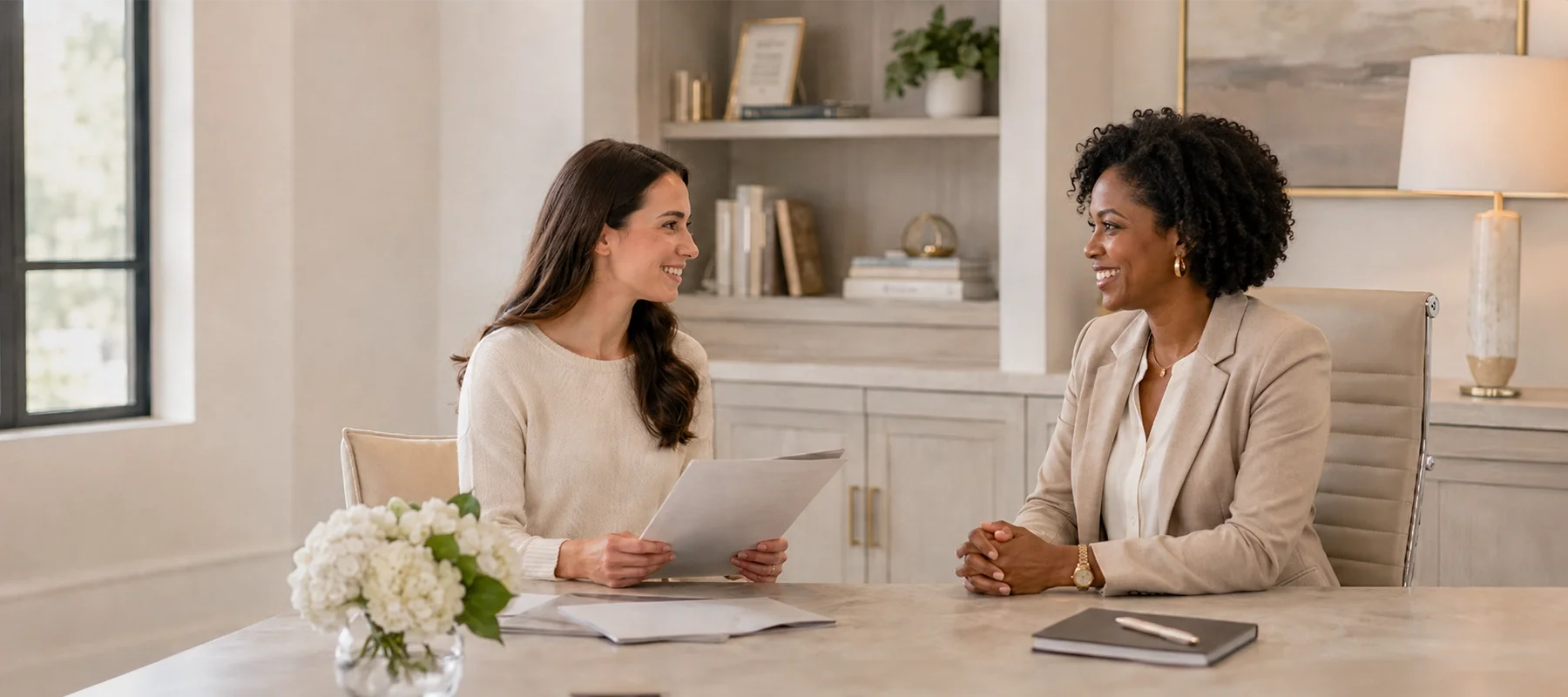 Nanny applicant meeting with an African American agency owner in a bright, professional office.