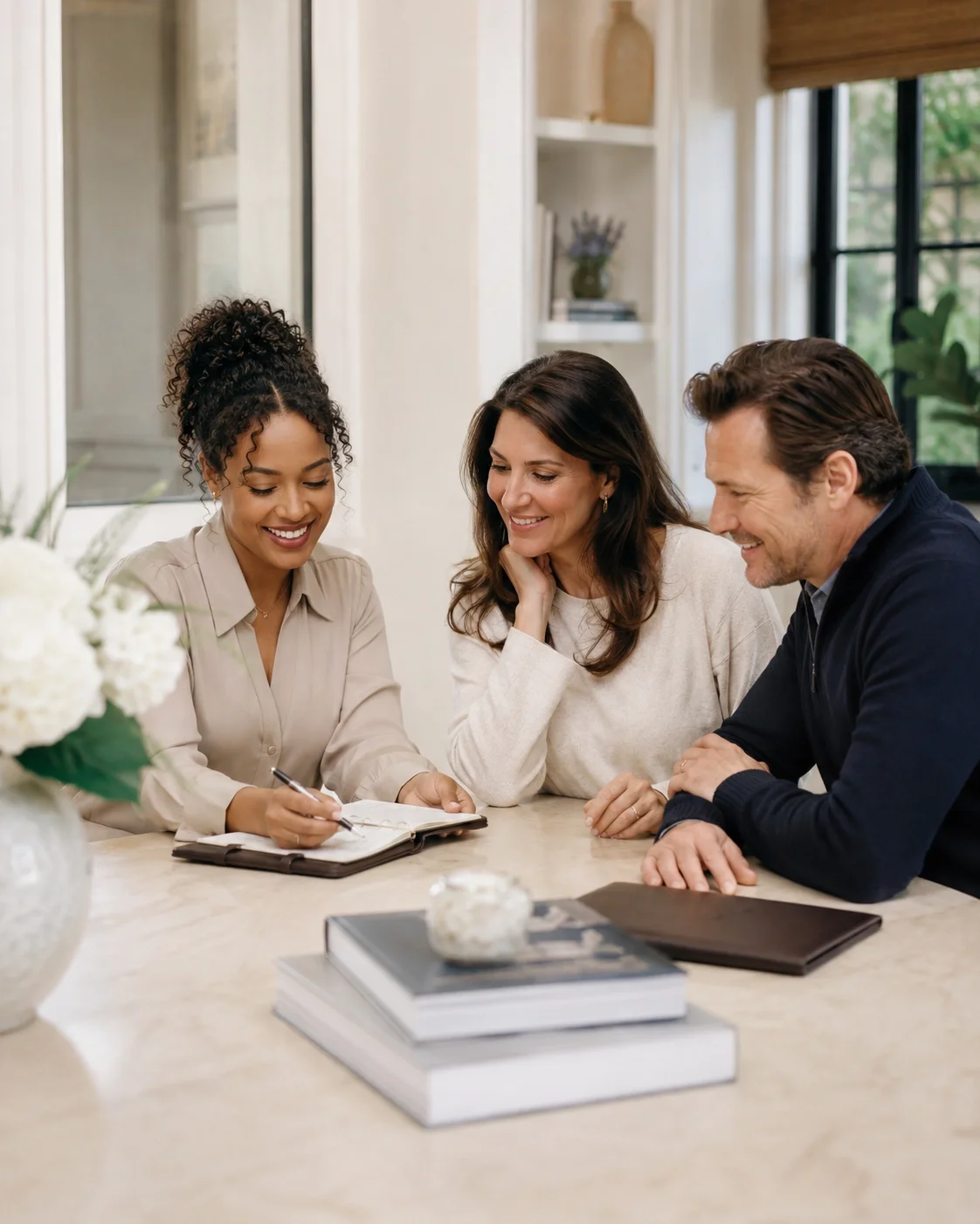 African American executive assistant reviewing notes with a husband and wife in a bright luxury home, representing discreet executive support and personalized household staffing.