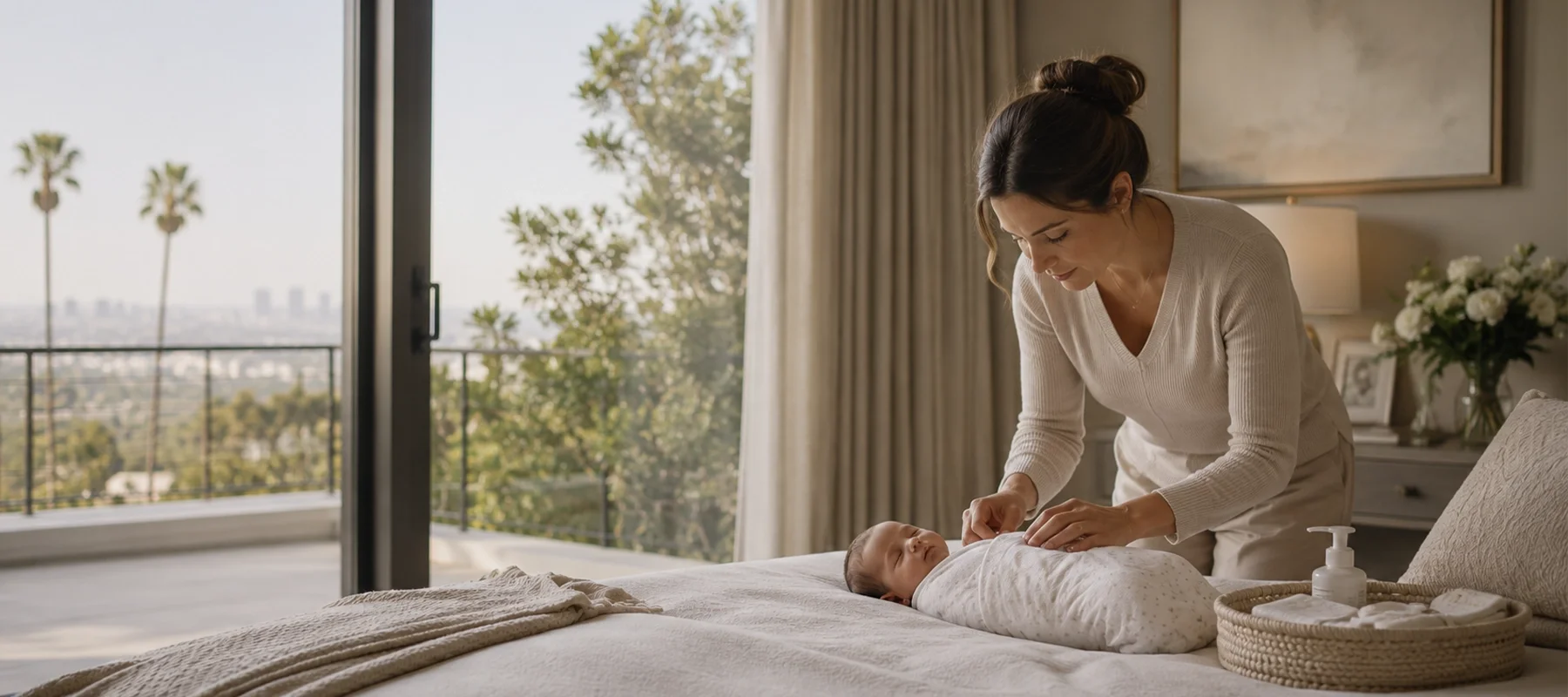 Newborn care specialist gently tending to a baby in a peaceful luxury bedroom with soft natural light and a Los Angeles view.